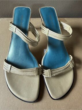Nine West Cream Strappy Slide Sandals with Blue Footbed